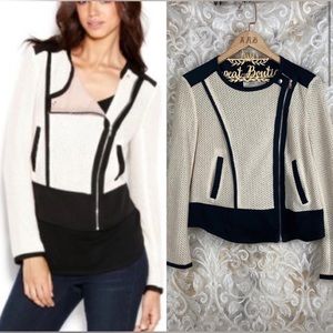 Rachel Roy Moto Asymmetrical Zip Up Jacket Woven Knitted Tan Cream Black 12 L